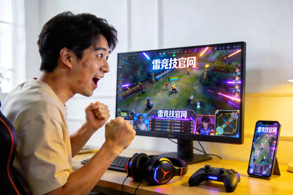 电竞爱好者在家中通过电脑和手机观看雷竞技官网的赛事直播，表情专注兴奋