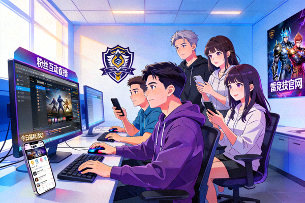 电竞俱乐部运营团队在办公室使用雷竞技官网的直播和社区功能进行粉丝互动和品牌推广