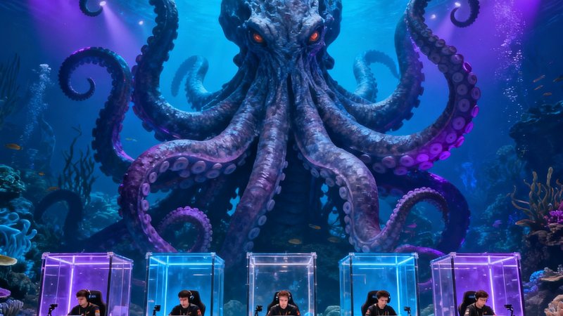 DOTA2国际邀请赛TI13海底主题舞台设计，巨大的克拉肯海怪模型矗立在舞台中央，蓝色和紫色灯光交织营造出深海神秘氛围，五名选手坐在透明隔音房内全神贯注进行比赛。