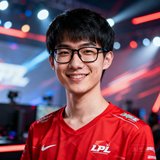 一位25岁左右的男性电竞爱好者头像，戴着黑框眼镜，身穿LPL战队红色T恤，面带自信微笑，背景虚化为电竞比赛现场灯光。